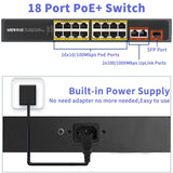 18-Port Gigabit Uplink Unmanaged Poe Network Switch,16 Port+2 Uplink Gigabit Ports+1 Fiber SFP Port,OHWOAI 300W Powered Gig Desktop Poe Switch,Metal&19-inch Rackmount,IEEE802.3af/at,Fanless,Plug&Play
