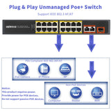 18-Port Gigabit Uplink Unmanaged Poe Network Switch,16 Port+2 Uplink Gigabit Ports+1 Fiber SFP Port,OHWOAI 300W Powered Gig Desktop Poe Switch,Metal&19-inch Rackmount,IEEE802.3af/at,Fanless,Plug&Play