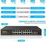 Conmutador POE de 18 puertos, 16 PoE+ de 100Mbps, 2 Gigabit Uplink y 1 puerto SFP de fibra, 300W de potencia incorporada, sin administración, montaje en rack de 19"